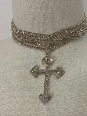 Silver or gold Rhinestone Cross Choker Necklace - Unbranded